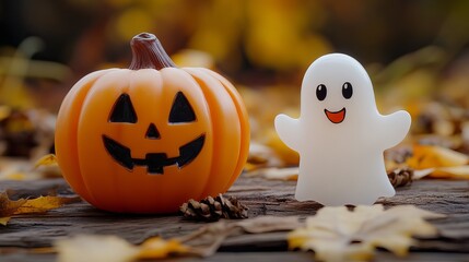 It's Halloween! A smiling jack-o'-lantern with a spooky face sits next to a silly white ghost. The scene is perfect for a scary party, and it looks like it was made from plastic.