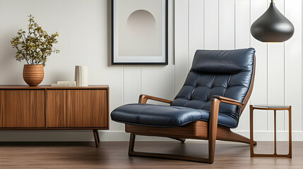 A stylish living room featuring a modern chair, wooden furniture, and decorative elements.