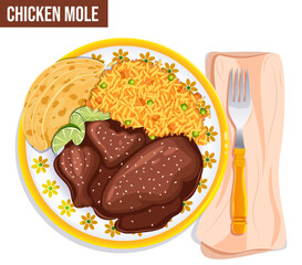Traditional Chicken Mole with Mexican Rice and Toasted Tortillas on Plate with Napkin & Fork on Side - Authentic Food Vector Art 