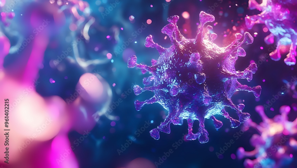 Poster microscopic view of a virus with spikes in neon colors, illuminated by a bright light, showing its c
