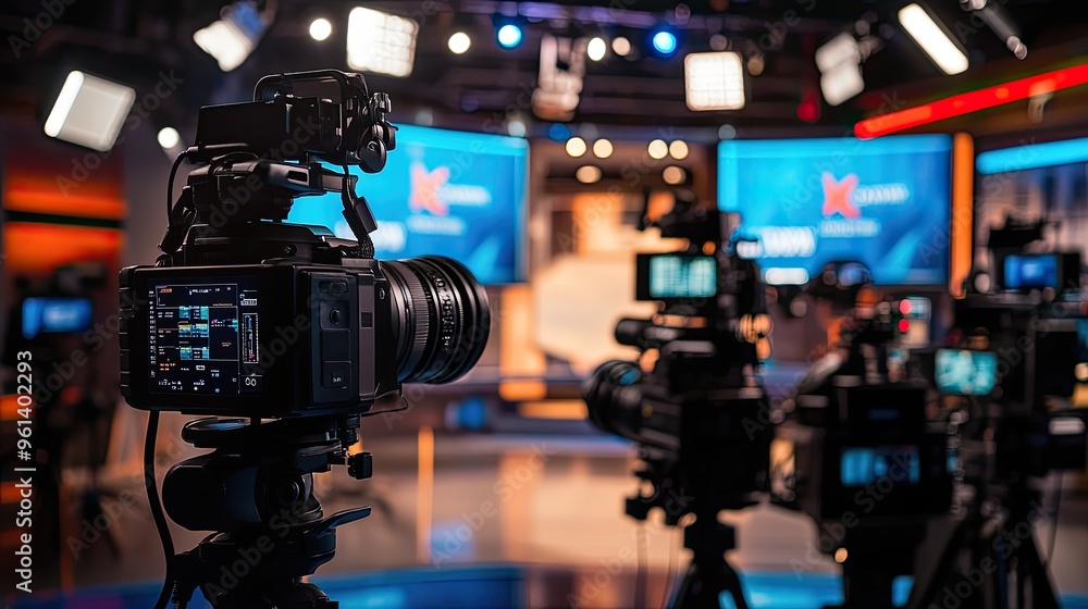 Poster a studio setup with cameras and lights for a broadcast or production.