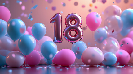 Balloon in shape of number 18 on pastel colored birthday background