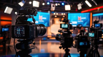 A studio setup with cameras and lights for a broadcast or production.