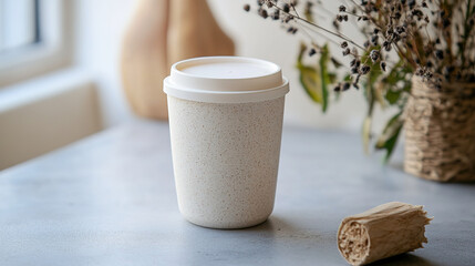 Cup to-go, featuring a sleek and modern design. The image shows a practical and stylish travel cup with a secure lid, ideal for beverages on the move. 