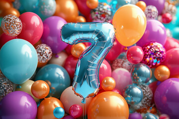 Foil balloon in shape of number 7 on vibrant colored birthday background