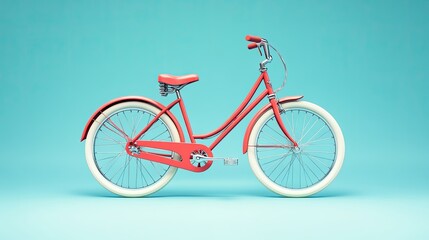 Fototapeta premium A stylish vintage bicycle with a coral frame and white tires against a turquoise background.