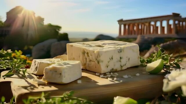 Video recreation of greek feta cheese and lemon in a wood plank together a ancient ruins as the Parthenon