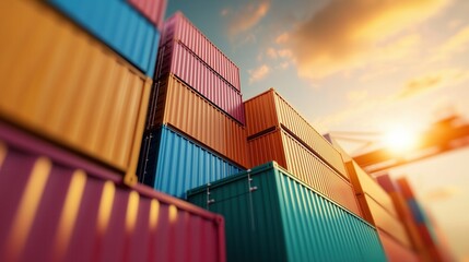 High-detail image of shipping containers stacked at a port, global logistics and trade, supply chain dynamics