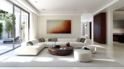 Fototapeta premium Modern Minimalist Living Room with White Furniture and Large Windows Overlooking Scenic Outdoor View