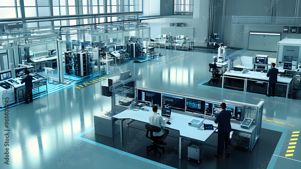 Poster a clean modern assembly line showcasing advanced technology in a spacious factory environment with w