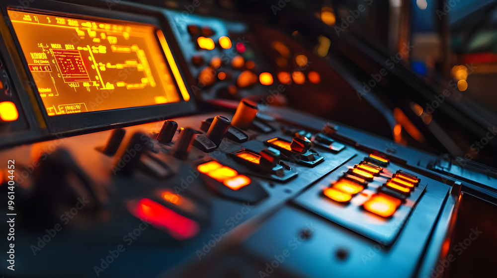 Poster a close-up of a control panel displaying various buttons and screens with glowing orange lights and 