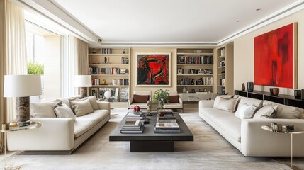 Fototapeta premium Modern Luxury Living Room with Elegant Furniture and Contemporary Art Decor