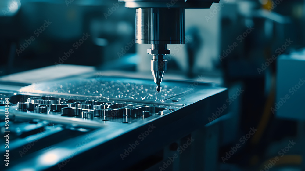 Poster a factory producing precision-engineered parts with modern machinery creating intricate details unde