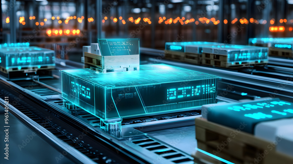 Poster a futuristic production line showcases smart technology with glowing digital displays and automated 