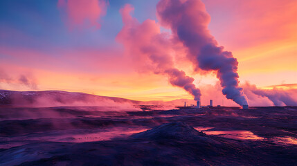 Fototapeta premium A geothermal power plant showcases steam rising against a vibrant sunset sky with colorful clouds and dramatic landscape features