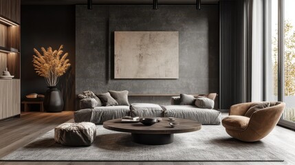 Modern Minimalist Living Room with Cozy Furniture and Large Windows Allowing Natural Light