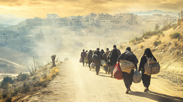 A group of refugees walking along a dirt road towards a distant village amid a desolate landscape and somber skies