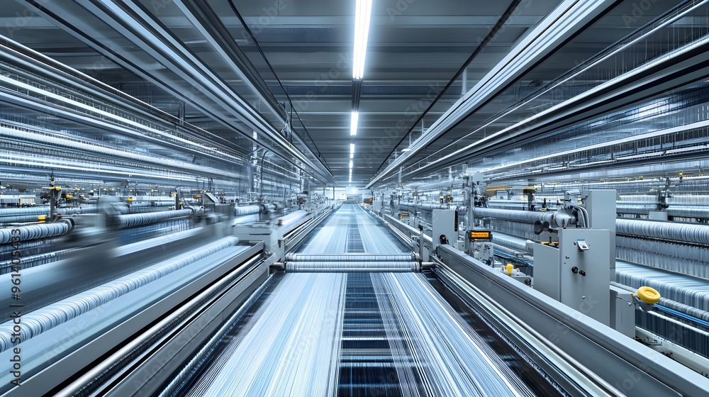 Poster a large-scale textile factory features rows of automated machinery, showcasing advanced technology a