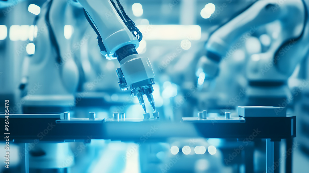 Poster a modern factory floor showcases robotic arms assembling products with precision and efficiency in a