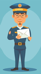 Smiling Caucasian Mailman in Uniform Holding Letter, Standing Next to White Postal Delivery Van