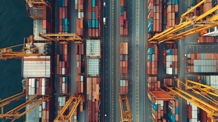 Obraz premium A top-down view of a shipping yard filled with colorful containers and cranes organized along the transport lanes