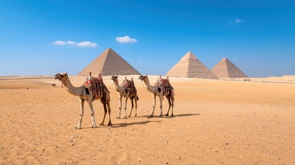Fototapeta premium Vibrant Camels Among Majestic Giza Pyramids - Desert Exotic Safari in Egypt