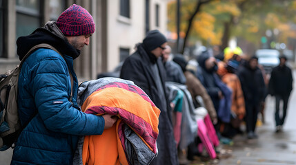 A volunteer hands out blankets to homeless individuals on a chilly day, showcasing compassion and community support
