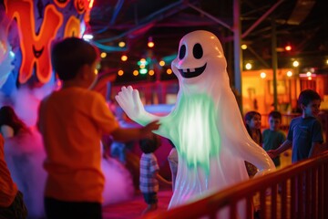 Kids having fun interacting with illuminated ghost character in amusement park during halloween party
