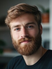 Fototapeta premium Bearded Man with Short Hair, Sitting and Looking at the Camera