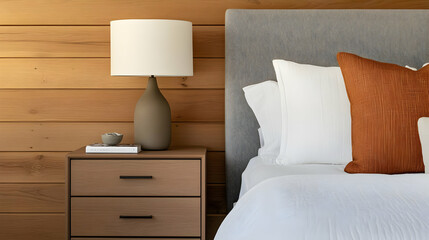 Cozy bedroom with a lamp, decorative pillow, and wooden accents.