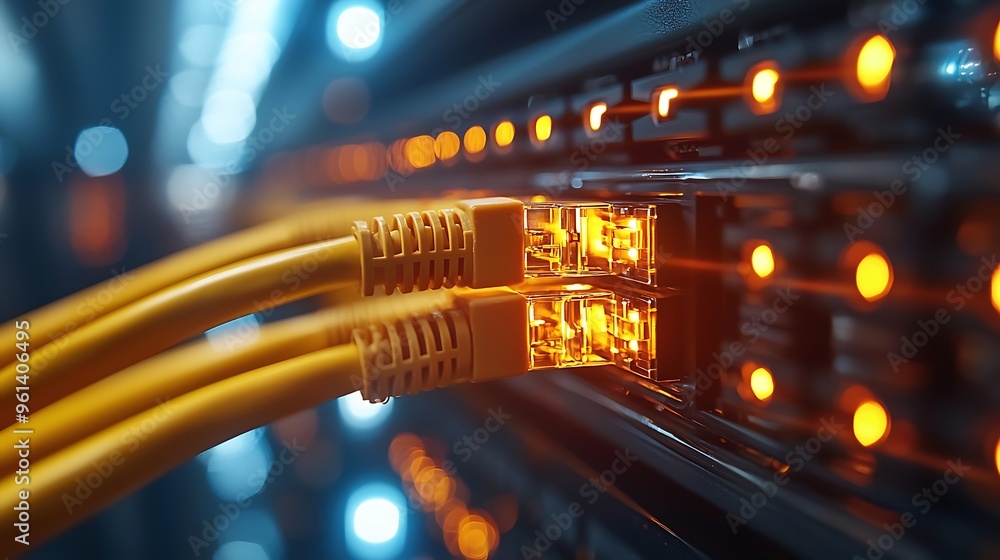 Poster a server filled with yellow ethernet cables and glowing lights, representing the pulse of a digital 