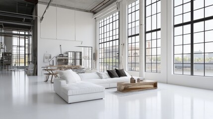 Fototapeta premium Modern Industrial Loft with Large Windows, Minimalist Furniture, and Bright Natural Light