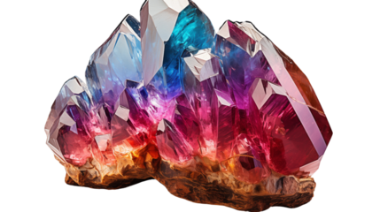Amazing colorful rainbow aura crystal cluster, studio view, isolated on transparent background.