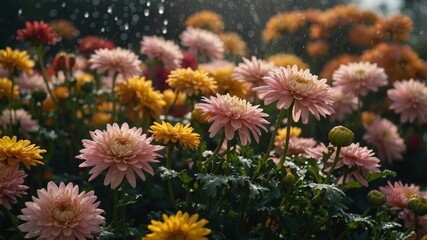 A vibrant display of pink and yellow flowers drenched in rain, showcasing nature's beauty