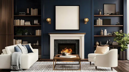 Cozy living room with a fireplace, bookshelves, and modern decor.