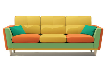 Modern green sofa with colorful pillows standing on white background