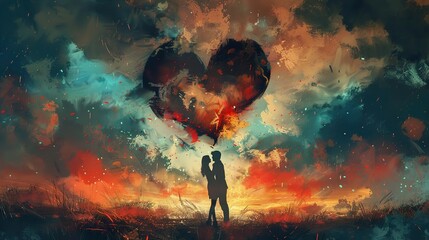 A couple embraces under a heart-shaped cloud in a fiery sunset.