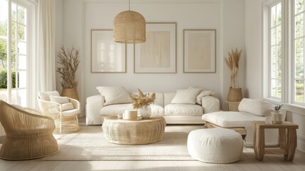 Fototapeta premium Cozy Modern Living Room with Natural Light and Minimalist Decor Featuring Neutral Tones and Rattan Furniture
