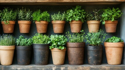 Fototapeta premium Fresh Herbs Growing in Terracotta Pots on a Wooden Shelf