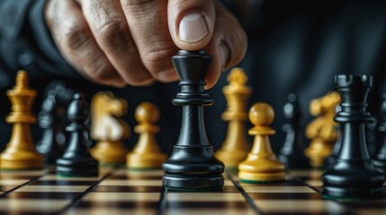 A close-up of a hand moving a black chess piece on a chessboard, highlighting strategy and competition.