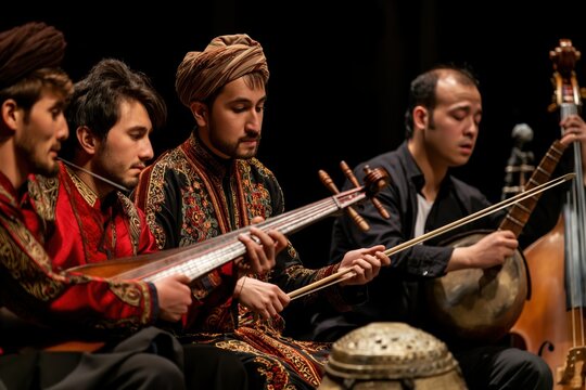 Group of four musicians wearing traditional clothing are playing folk instruments and performing on stage