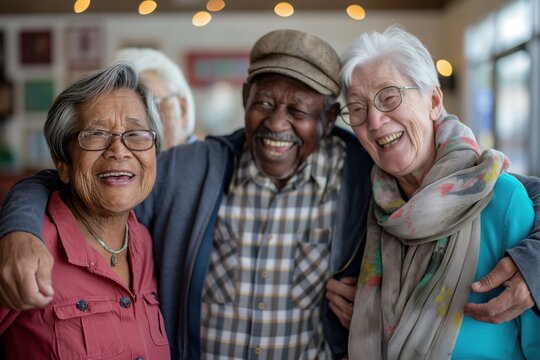 Group of multiethnic senior friends is smiling and having a good time together at the retirement home