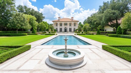 Obraz premium Enchanting Renaissance Castle Courtyard: Tranquil Oasis with Verdant Gardens and Elegant Fountain
