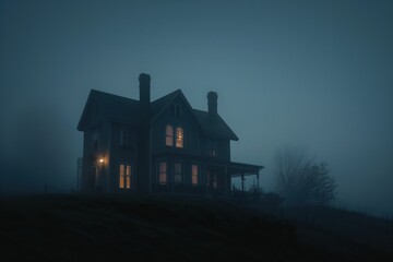 Isolated haunted house is standing on a hill in a spooky atmosphere with fog at night