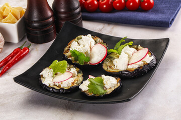 Grilled eggplant with cheese and radish