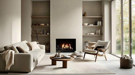 Cozy modern living room with a fireplace and minimalist decor.