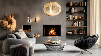 Cozy modern living room with a fireplace and stylish decor.