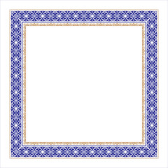 Blue gold vintage pattern in Victorian style in shape of a square frame. Ornate element for design. Ornamental pattern for wedding invitations, greeting cards. Traditional contrast decor. 