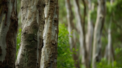  A forest teeming with numerous trees, each boasting Brown and green leaves, borders another forest identical in composition