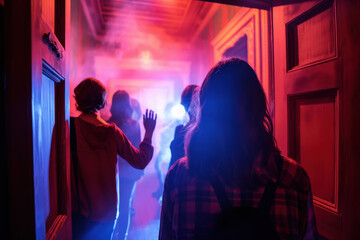 Group of friends bravely enters a haunted house on a foggy night, the colored lights adding a spooky atmosphere to their adventure